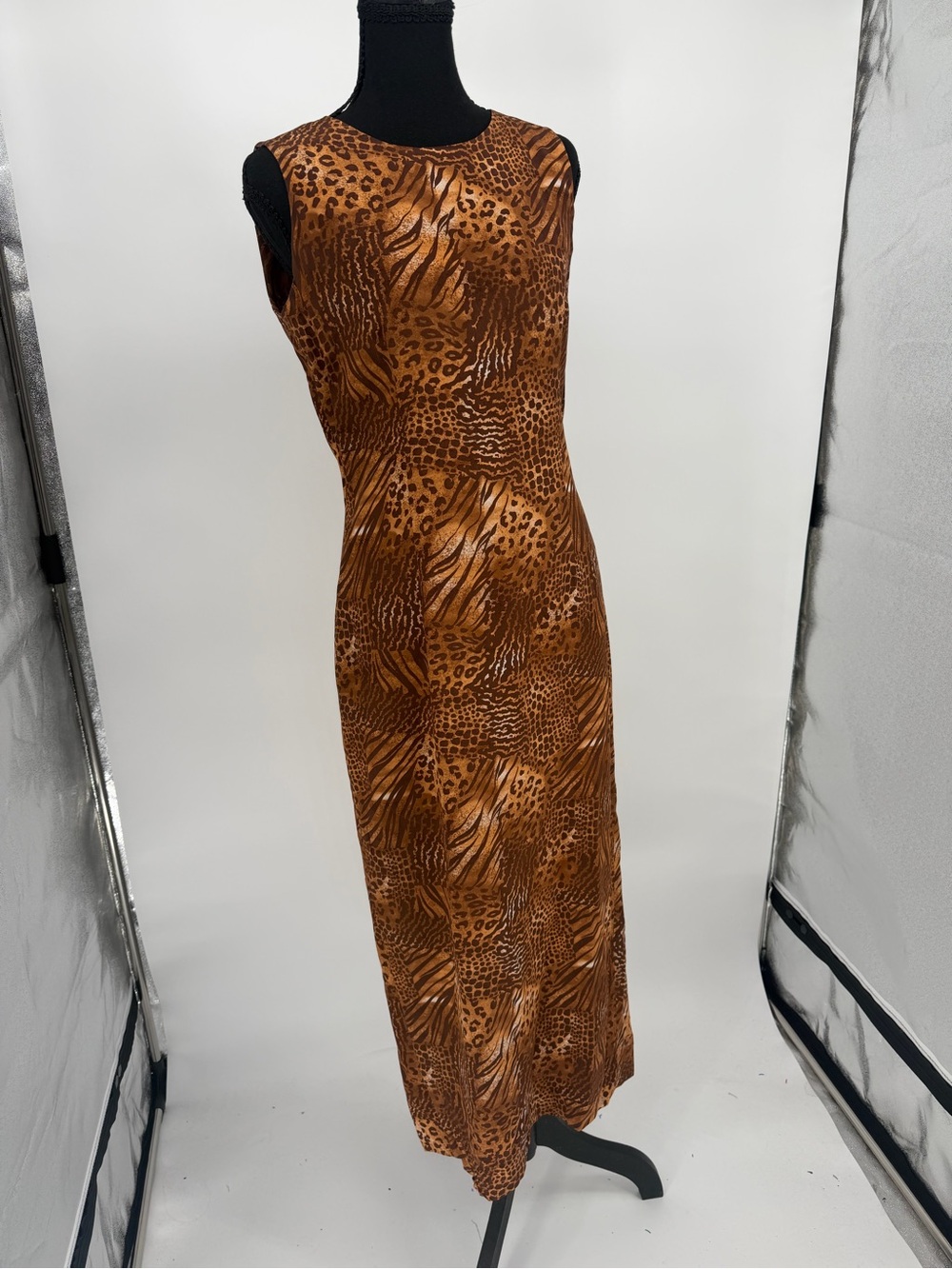 Spenser Jeremy Brown Animal-Print Sleeveless Maxi Dress silk leopard Y2K